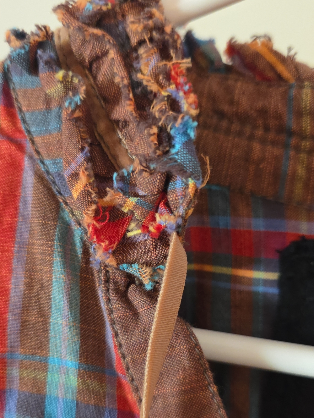 Cino Frayed Ruffle Fringe Plaid Button-Up Shirt Brown Red Blue Large Cotton - Picture 7 of 14